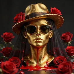 a head made out of melting gold, dark palette, it is wearing sunglasses and a hat and a veil, there are red roses all around it, red paint melting, vogue cover style, depth of field, demonic style, smooth fractal style, ethereal fantasy style, 3 d perfect render style, horror style