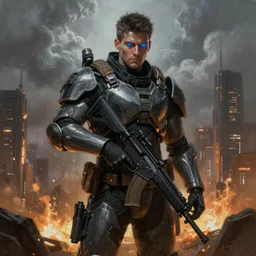 ultra realist and ultra intricate detailed soft painting of a sci-fi armored male overlooking a burning city, symmetry features, glowing blue eyes, sensual gloomy style, volumetric clouds, military, assault rifle, artstation,  unreal render, depth of field