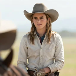 medium shot of emma watson as a cowboy in a western movie directed by sergio leone, sunset, promotional image, detailed face, movie still frame, frame 8 0 8 1 of 1 5 8 4 0 0, techniscope 3 5 mm film