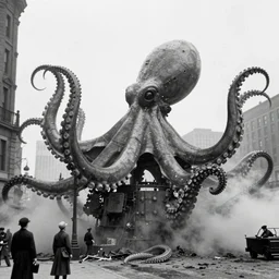 old black and white photo, 1 9 1 3, depicting dieselpunk giant octopus attacking new york, historical record, tentacles around