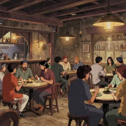 Bakshi style film cell of a crowded tavern. animation