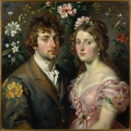 floral portrait of a man and woman by leonetto cappiello and wojciech siudmak and ernst fuchs, anni albers, oil on canvas
