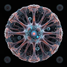 A concept matte painting of internal lymphocyte virion singular symmetric mushroom synaptic fractality fungus transmission embryonic beholder glial neurons rhizomorphic like slime mold, cyberpunk eyewire nerve cells microscopic plankton glowing neuronal brain cell synapse by Dan Mumford, Ted Nasmit, rossdraws, beeple