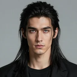 portrait of tall, 3 3 - year - old handsome man with long dirty black hair, and ice grey eyes, wearing black clothes, no beard, hyper realistic face, beautiful grey eyes, character art, art by mark brooks, hyperdetailed, cryengine, trending on artstation, digital art