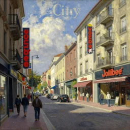 Jollibee City, street scene, wide shot, by Moebius, Renoir