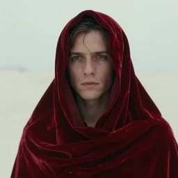 a man in a red velvet paranja in the white desert, atmospheric hyper realistic render from the movie directed by denis villeneuve with art direction by zdzisław beksinski, close up, telephoto lens