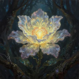 fantastical glowing flower, magical heart of the forest, mysterious, detailed render, oil paint, dark souls, bloodborne