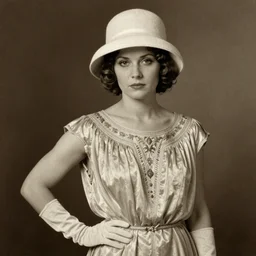 a portrait photo of a 1 9 2 0 s woman with a serious expression, wearing a light coloured bohemian style silk crepe dress with a bucket cloche hat, long cotton gloves, atmospheric lighting, painted, sepia, intricate, ultra detailed by leesha hannigan, thierry doizon, kai carpenter, well composed, best on artstation, cgsociety, epic, stunning, gorgeous, intricate detail, wow, masterpiece