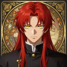 portrait of hisoka morow hunter hunter, male, sharp jaw yellow eyes small eyes red hair crimson medium length hair, anime, fantasy, intricate, elegant, highly detailed, digital painting, artstation, concept art, matte, sharp focus, illustration, art by artgerm and greg rutkowski and alphonse mucha