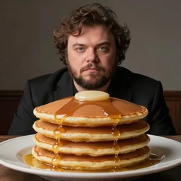 jack black inside pancakes, hyper detailed, digital art, artstation, cinematic lighting, studio quality, smooth render, by caravaggio, artgerm, greg rutkowski