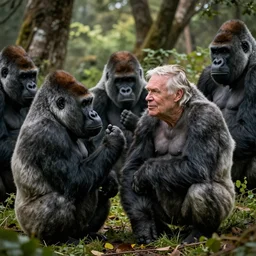 david attenborough pretending to be a gorilla while sitting with gorillas, still from nature documentary