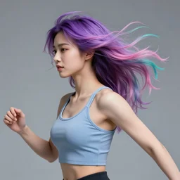 a award winning half body shot of a beautiful woman in a croptop with ombre purple pink teal hairstyle with head in motion and hair flying, outrun, vaporware, highly detailed, fine detail, intricate