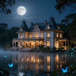 a stunning well lit renaissance lake house with lamps, a beautiful lake in the foreground, moonlit night dreamy atmosphere, highly detailed twigs, and plants in the forest, bioluminescent butterflies in the fog in a bokeh background, deep colors, photorealistic digital arts, sharply focused, smooth and rich color scheme, artstation, 8K
