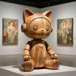 8k octane rendre photorealistic detailed ,a wooden sculpture art toys on feet very cute robot with cat ears ,zen méditation cyberpunk , a contemporary art gallery art  , cyberpunk ,cgsociety ,by Alphonse Mucha
