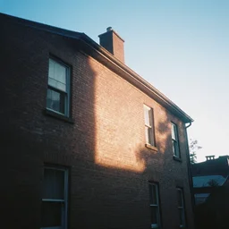 godrays casted on the brickhouse, film photo, soft lighting album cover, nostalgia, gradient
