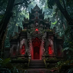 An ancient temple to dark magic, foreboding, red energy, jungle, photorealistic, 4k