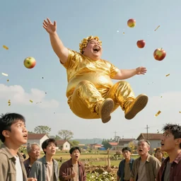 Shining golden jolly laughing obese man sitting criss-cross apple sauce floating in the sky above rural village sprinkles confetti on annoyed villagers, low angle