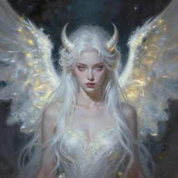 the pale decaying beautiful girl with the most evil glowing wings, evil realm painting