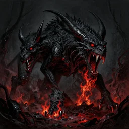 Hellhounds, surrealism, fire, red, teeth, sharp, black, 8k resolution concept art, sinister by Greg Rutkowski, horror Gustave Doré Greg Rutkowski, Doom, darkness, flesh, blood, metal, edge, apocalypse