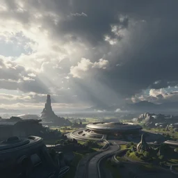 an awesome fantasy, sci - fi landscape, daylight, clouds in the background, dramatic sky