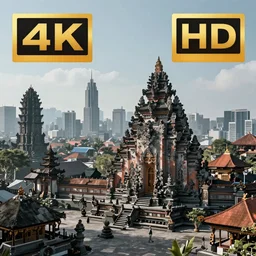 photography of cyberpunk city landscape, inspired by Javanese temples, wide shot, 4KHD, award winning photography, professional photography