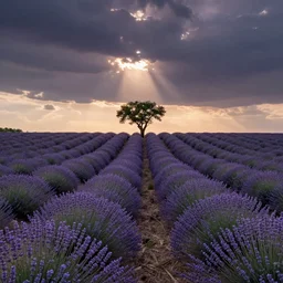 lavender field, single tree on horizon, muted colors, sunset, panoramic, by peter lik