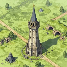 Aerial view of a wizard tower next to a few mines and a few caves, lineart, colored
