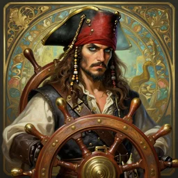 male pirate at the helm, deep focus, d & d, fantasy, intricate, elegant, highly detailed, digital painting, artstation, concept art, matte, sharp focus, illustration, hearthstone, art by artgerm and greg rutkowski and alphonse mucha