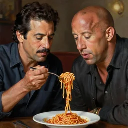 portrait of vin diesel and danny trejo sharing spaghetti, an oil painting by ross tran and thomas kincade