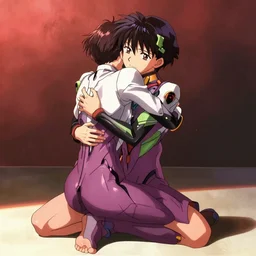 EVA kaworu hugging shinji from the back with the red sunshine shining on their legs, Trending on Pixiv