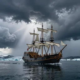 a large pirate ship sailing on a glacial lake, landscape photography by marc adamus, dramatic lighting, thunder, dramatic,