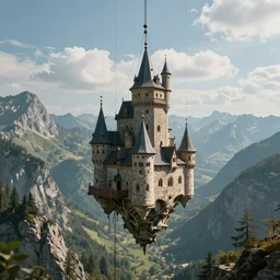 cinematic view of in the middle of the mountain floats a castle hanging by cables and chains, 8 k resolution