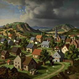 a minecraft village, by pieter bruegel the elder