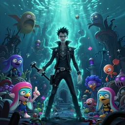 psychic punk rocker vampiric electrifying rockstar background concept art of various underwater haunted locations by genndy tartakovsky and splatoon by nintendo and the psychonauts franchise by doublefine tim shafer artists for the new hotel transylvania film