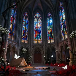 interior of the old cathedral, stained glass, gothic style,trees, bushes, dark mood,  white flowers, red grass, white Butterflies, damaged floor, night, moon light, camp, colorful, highly saturated colors, greg rutkowski, fantasy, detailed illustration, hd, 4k, digital art, overdetailed art, concept art, trending on artstation