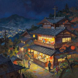 enchanted izakaya in the faraway mountains. this oil painting by the award - winning mangaka has a beautiful composition, great sense of depth, dramatic lighting and intricate details.