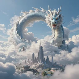 clouds forming an eastern dragon in sky, futuristic alien city, unreal 5 render, studio ghibli, tim hildebrandt, digital art, octane render, beautiful composition, trending on artstation, award - winning photograph, masterpiece