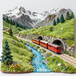 a diaroma of a swiss alp landscape, handmade, craft, a small train riding through tunnels, epoxy rivers