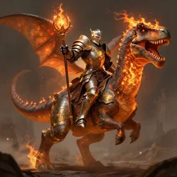 human paladin wearing full plate armor with a flaming riding a dinosaur, concept fantasy, dnd