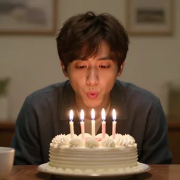 someone blowing out a birthday cake, photorealistic, 3 5 degree shot, movie still