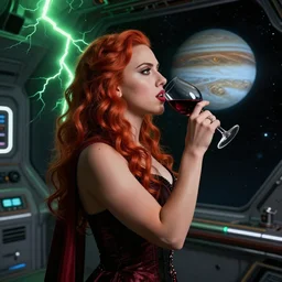 a highly detailed matte portrait of scarlett johansson as a red haired vampire sorceress, drinking wine, standing in a space station and looking at jupiter, viewed in profile from far away, crackling green lightning, ultrawide lens, art by artgerm and greg rutkowski and alphonse mucha, volumetric lighting, octane render, 4 k resolution, trending on artstation, masterpiece