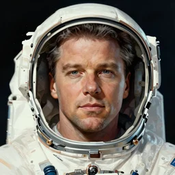 symmetrical!! portrait of matt damon the astronaut. close up. soft lighting, retro 8 0 s, realistic illustration, art by peter elson