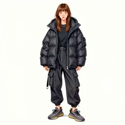 a realistic portrait of a kpop idol girl copic maker style by yoshiyuki sadamoto, alfons mucha wearing a dark puffy anorak and yeezy sneakers chic, zippers, belts & velcro galore, cargo pants chic'techno fashion trend by issey miyake and balenciaga
