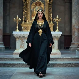 lomography, full body portrait photo of a beautiful young woman from a distance as a priestess wearing ornate gold jewelry and a flowing black robe walking past a altar in a ancient temple interior, moody, realistic, dynamic perspective pose, light blue filter, skin tinted a warm tone, hdr, rounded eyes, detailed facial features, alphone mucha, heian, black white gold