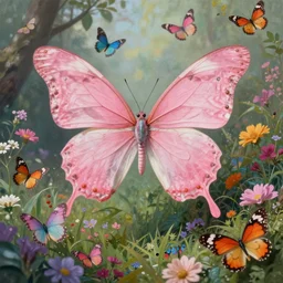 one pink fairy with large butterfly wings standing in a colorful garden surrounded by butterflies, style of peter mohrbacher, luxury, epic scene, highly detailed