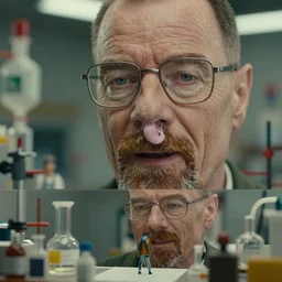 beautiful three point perspective film still of happy walter white meth lab scene in breaking bad, extreme closeup portrait in style of frontiers in miniature porcelain photography fashion seinen manga edition, miniature porcelain model portrait, eye contact, tilt shift style scene background, soft lighting, kodak portra 4 0 0, 8 k, macro, cinematic style by emmanuel lubezki