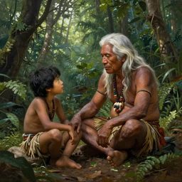 a beautiful painting of an amazonian indigenous grandfather with white long hair sitting with his grandson, telling stories in the jungle, matte painting, art by christophe vacher