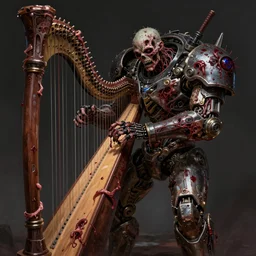 undead - zombie - organic - battlemech with bloody - flesh playing on the laser harp, rotting flesh hanging, bloodveins on heavy armor, cyberpunk 2 0 8 8 with grimdark magic, elegant, digital illustration, detailed, intricate, sharp focus, digital painting, deep focus, artstation, matte, art by artgerm and greg rutkowski