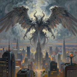 a beautiful painting of a futuristic city surrounded by an evil angel, art by james gurney, trending on artstation