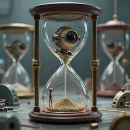 intricately detailed tiny humanoid inside an hourglass in the style of Emiliano Ponzi and  Chris Ware, futuristic 1990s contemporary art, sci-fi,eye glass, inside view, humanoid pov, intricate artwork by Tooth Wu and wlop and beeple, octane render, trending on artstation, greg rutkowski very coherent symmetrical artwork, depth field, unreal engine, cinematic, hyper realism, high detail, octane cinema 4D render, A24 cinematography, , 8k